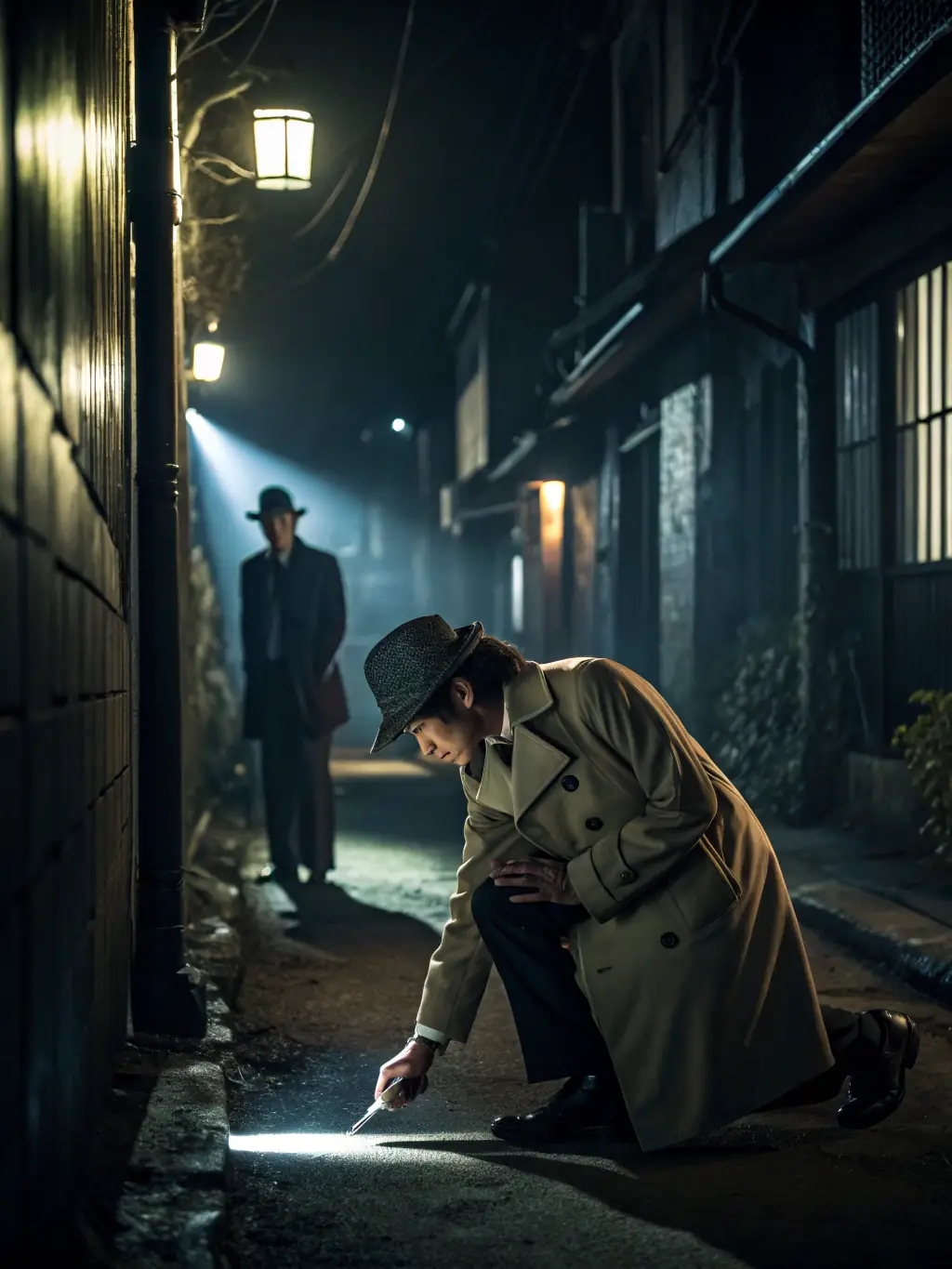 A suspenseful scene from a mystery manga, with dark shadows, a detective character, and clues scattered around.