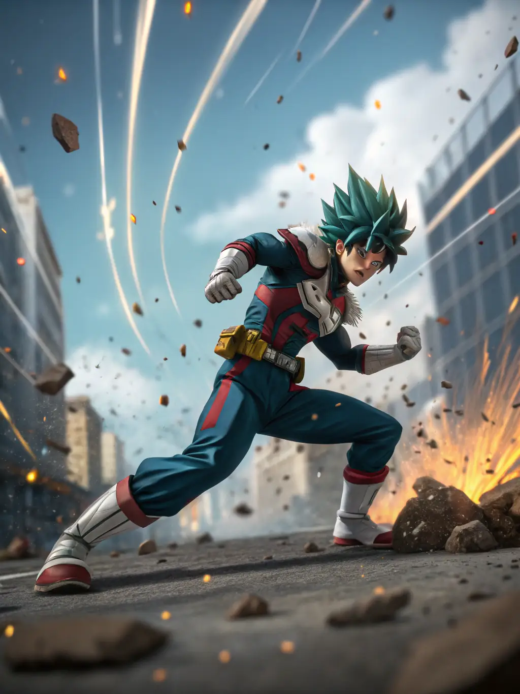 A dynamic action scene from a manga, showcasing a protagonist in mid-air, wielding a sword against a backdrop of explosions and intense battle.